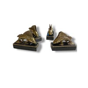 Set of 4 Maitland-Smith Handmade Placecard Name Holders Fish Marble Brass